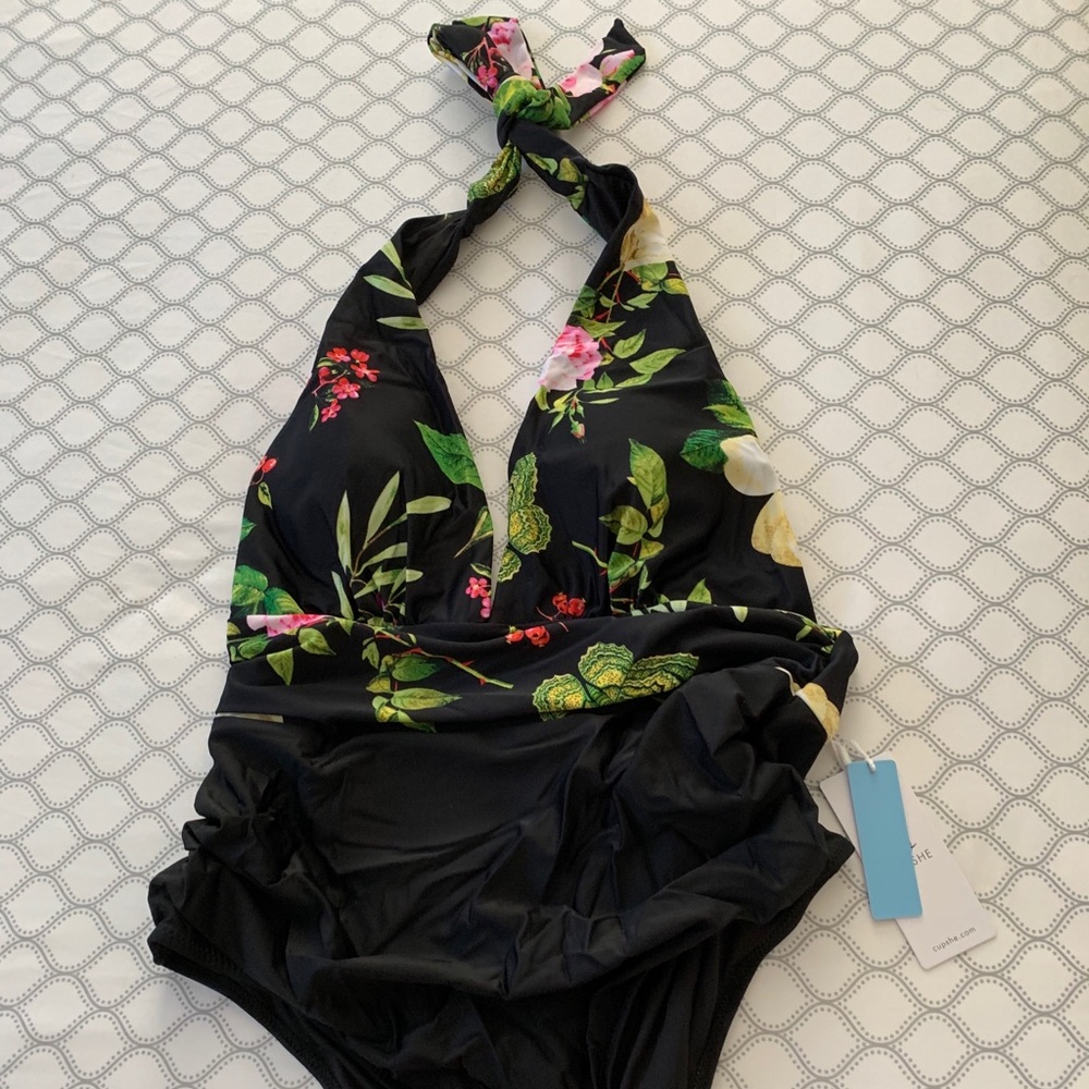 Floral Print Halter Plus Size One Piece Swimsuit